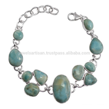 Prata em prata esterlina 925 com pulseira de corrente natural com larimar com pedras preciosas